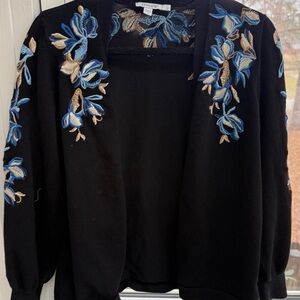 Gorgeous Chico's Black Cardigan Sweater with Blue Floral Embroidery Sz. 1/M